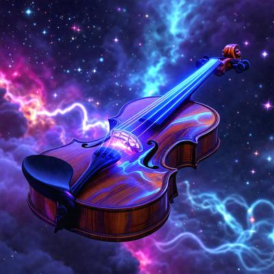 The primary subject of the image is a violin, which is the main object, scene, or focus of the image. The violin is placed in a purple and blue space, which serves as the setting or background. The visual style of the image is digital art, as it is a computer-generated or digitally created illustration. The dominant colors in the image are purple and blue, creating a vibrant and lively atmosphere.